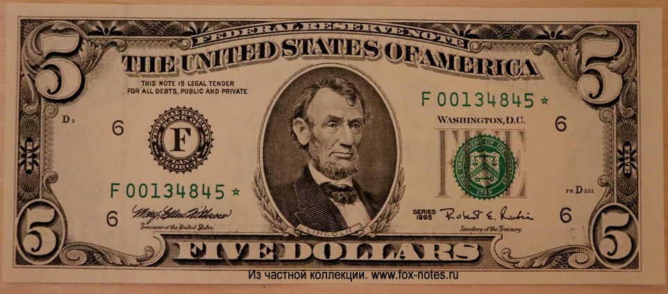 Federal Reserve Note 5 Dollars 1995 SERIES 1995