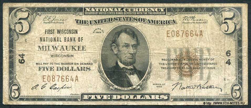 First Wisconsin National Bank of Milwaukee 5 Dollars 1929