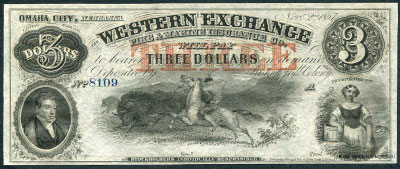 Western Exchange Fire & Marine Insurance Co. Omaha City, State of Nebraska. 3 Dollars 1857