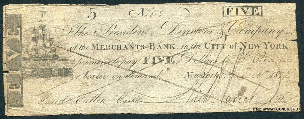 Merchants Bank. in the City of New York. 5 dollars 1812