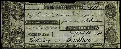 Hillsborough Bank of Amherst. Amherst, State New Hampshire 10 Dollars 1806