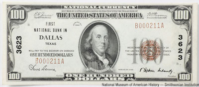 First National Bank in Dallas Texas. 100 dollars SERIES OF 1929. Jones, Woods. 