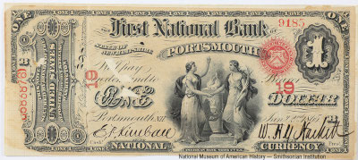 First National Bank of Portsmouth. Portsmouth, New Hampshire. 1 dollar 1865 Colby Spinner