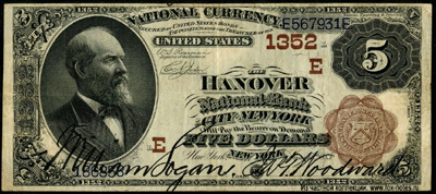The Hanover National Bank of City NEW YORK 5 Dollars 1885