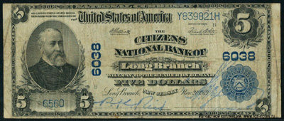 Citizens Nacional Bank of Long Branch 5 dollars 1921