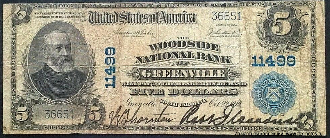 Woodside National Bank of Greenville 5 Dollars 1919