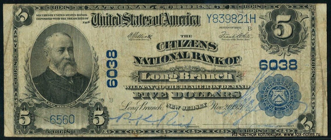 Citizens National Bank of Long Branch 5 dollars Series 1902