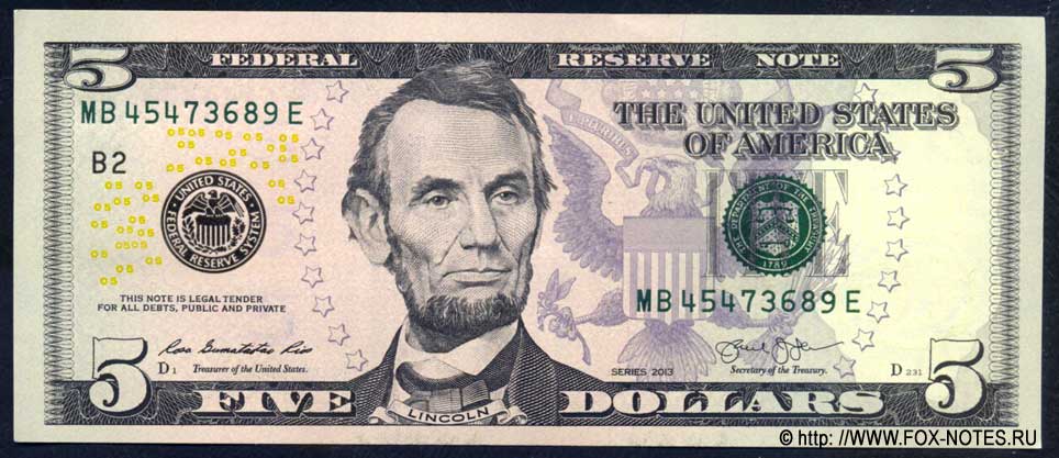 Federal Reserve Note 5 Dollars Series of 2013 Gumataotao Rios - Jacob Lew