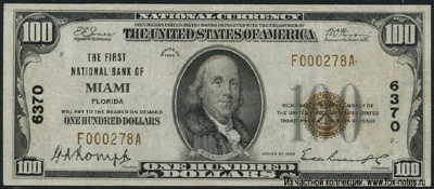 The First National Bank of Miami 100 dollars Series of 1929