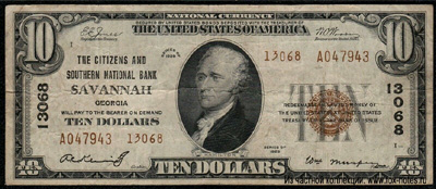 The Citizens and Southern National Bank Of Savannah 10 dollars 1929