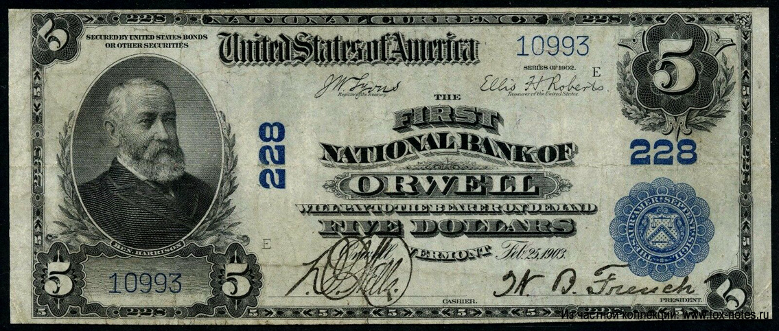 The First National Bank of Orwell, Vermont 5 dollars Series of 1902.