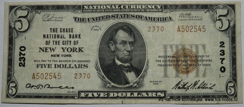The Chase National Bank of the City New York 5 dollars Series of 1929 Jones Woods.  