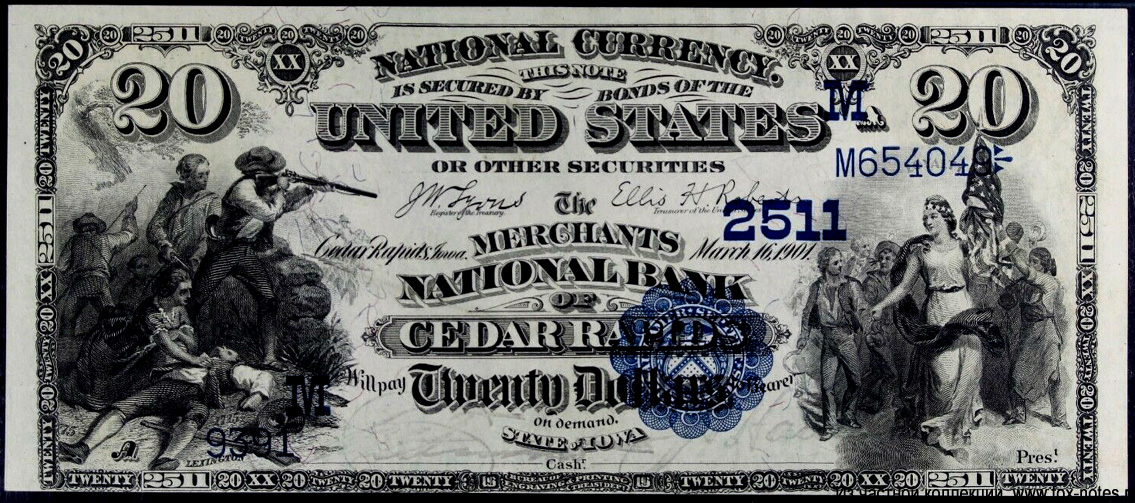 The Merchants National Bank Of Cedar Rapids 20 Dollars 1901 Series 1882 