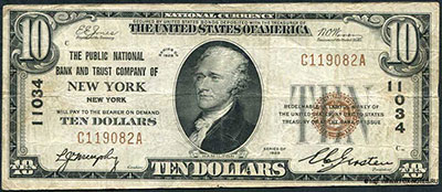 The Public Nacional Bank of New York 10 dollars Series of 1929 Jones Woods. 