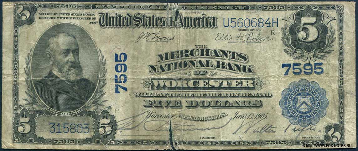 Merchants National Bank of Worcester  5 Dollars 1905 = 7595
