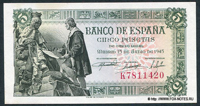 Banco de Espana 5 pesetas 15 DE JUNIO DE 1945.