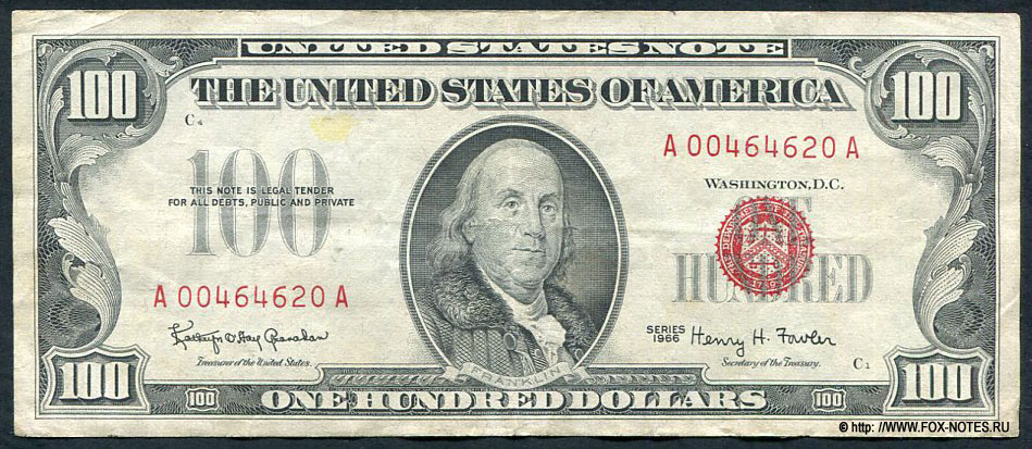 United States Note 100 dollars SERIES 1966. Granahan Flowler
