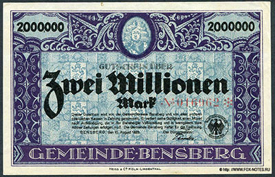 Gemeinde Bensberg. Gutschein 2 Millionen Mark. 10. August 1923.