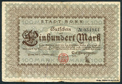 Stadt Bonn. Gutschein 100 Mark. 1. Oktober 1922.