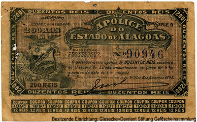 Apólices do Estado Alagoas. 200 Reis. Lei  111 de 5 de Agosto de 1895.
