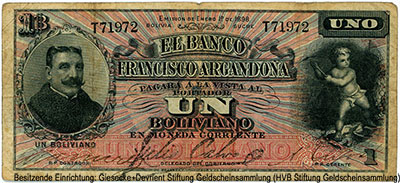 Banco Francisco Argandoña 1 Boliviano ENERO ENE 1º DE 1898.