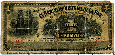 Banco Industrial de La Paz 1Boliviano Junio 1º de 1900