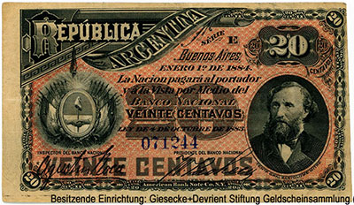 República Argentina. Banco Nacional. 20 centavos 1884