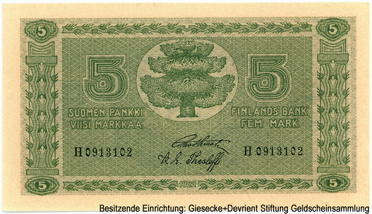 Suomen Pankki - Finlands Bank. Setelistä 5 markkaa / Sedel 5 mark. 1922 Stenroth, Thesleff