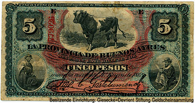 Provincia de Buenos Aires 5 pesos 1º Enero de 1869.