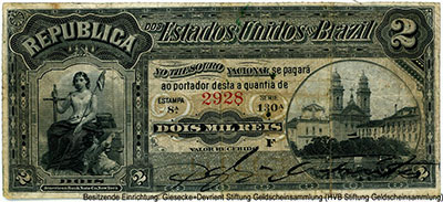 Rep&uacute;blica dos Estados Unidos do Brazil (Tesouro Nacional) 2 Mil Reis 1891. 8a ESTAMPA.