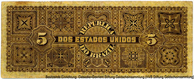 Rep&uacute;blica dos Estados Unidos do Brazil (Tesouro Nacional) 5 Mil Reis 1890. 9a ESTAMPA.