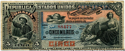 Rep&uacute;blica dos Estados Unidos do Brazil (Tesouro Nacional) 5 Mil Reis 1890. 9a ESTAMPA.