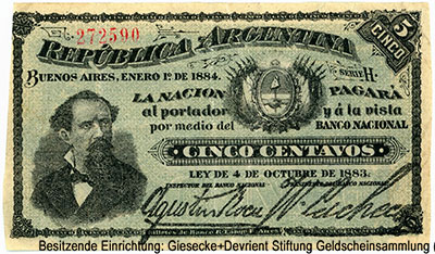 República Argentina - Banco Nacional 5 centavos OCTUBRE 1883. - BUENOS AIRES - ENERO 1 DE 1884