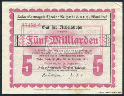 Kakao-Kompagnie Theodor Reichardt G. m. b. H. Gut für Arbeitslohn 5 Milliarden Mark. 25. Oktober 1923. Gültig bis 31. Dezember 1923.