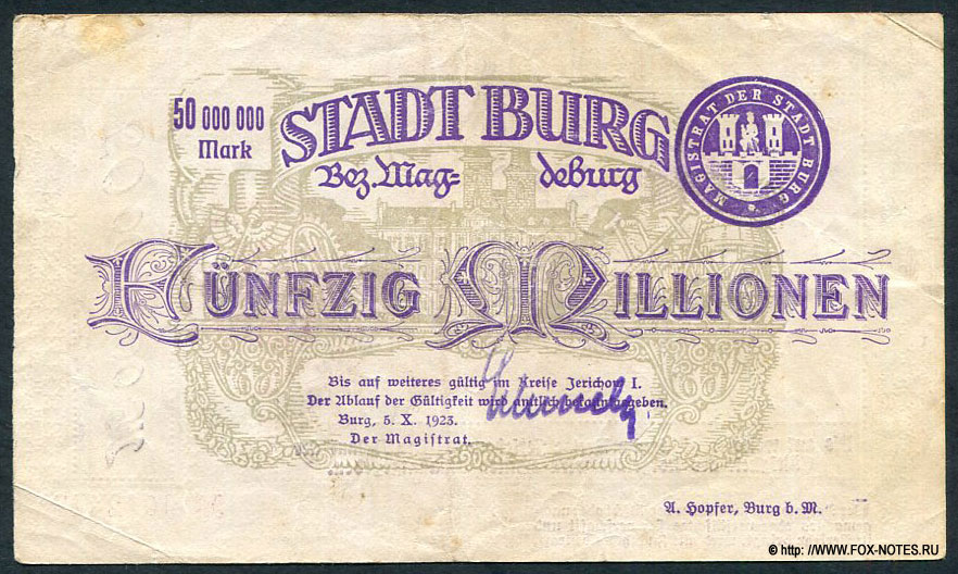 Stad Burg Bez. Magdeburg 50 000 000 Mark 1923