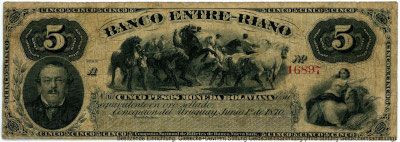 Banco Entre-Riano 5 pesos Junio 1º de 1870. 