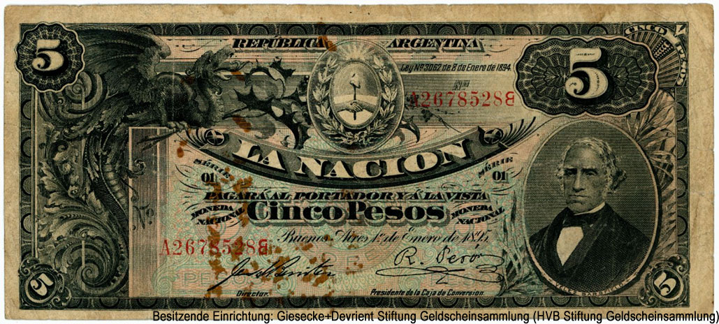 República Argentina. Banco Nacional Argentina. 5 Peso 1º Enero de 1895.