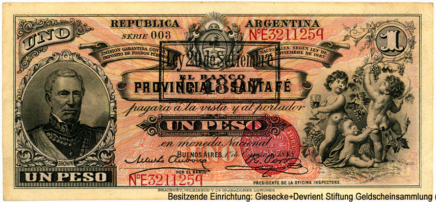 Banco Provincial de Santa Fé 1 peso 1º Enero de 1888. Serie 003
