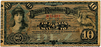 Banco da Rep&uacute;blica do Brazil 10 Mil Reis / lei �183 C de 23 de Setembro de 1893.