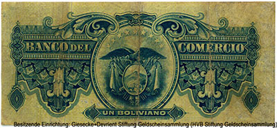 Banco del Comercio 1 Boliviano Enero 1º de 1900. 
