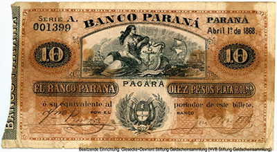 Banko Paraná 10 pesos Abril 1º de 1868.