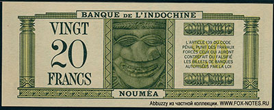 Banque de L'Indochine, Noumea. 20 francs 1944