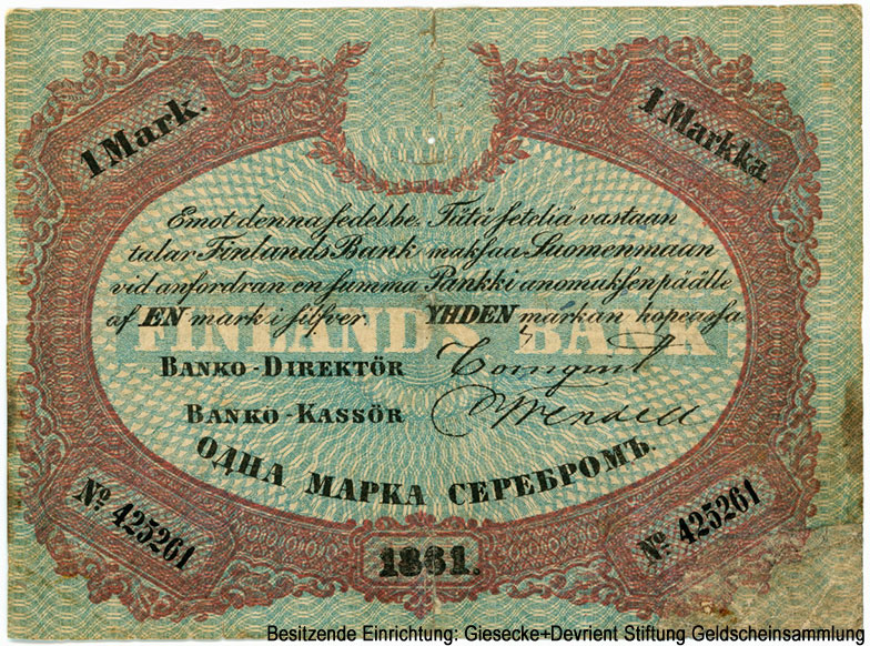 Финляндский Банк (Suomen Pankki, Finlands Bank). Билет 1 марка серебром 1861
