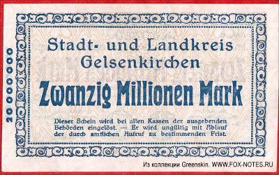 Notgeld für den Stadt- und Landkreis Gelsenkirchen. 20 Millionen Mark. 21. September 1923.