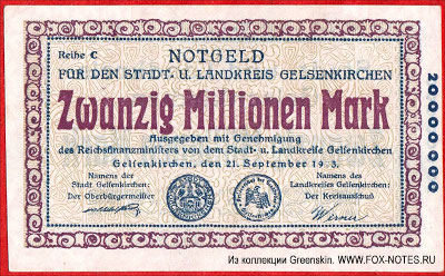 Notgeld für den Stadt- und Landkreis Gelsenkirchen. 20 Millionen Mark. 21. September 1923.