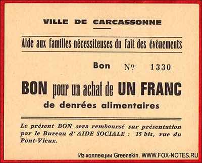 VILLE DE CARCASSONNE Bon 1 franc 1915-1917