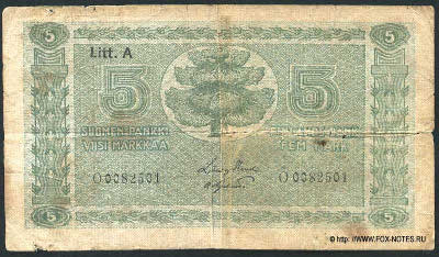 Suomen Pankki - Finlands Bank Setelista 5 markkaa - Sedel 5 mark - markkaa. 1922 Litt. A