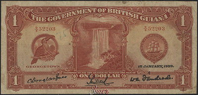 Government of British Guiana 1 Dollar, 1 st. JANUARY, 1929.