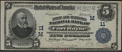 First and Hamilton National Bank, Fort Wayne, Indiana. 5 Dollars. SERIES OF 1902. Teehee Burke.