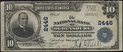 National Bank of Ogdensburg. Charter number 2446. 10 Dollars. Dec. 3, 1919. SERIES OF 1902. Woods White.